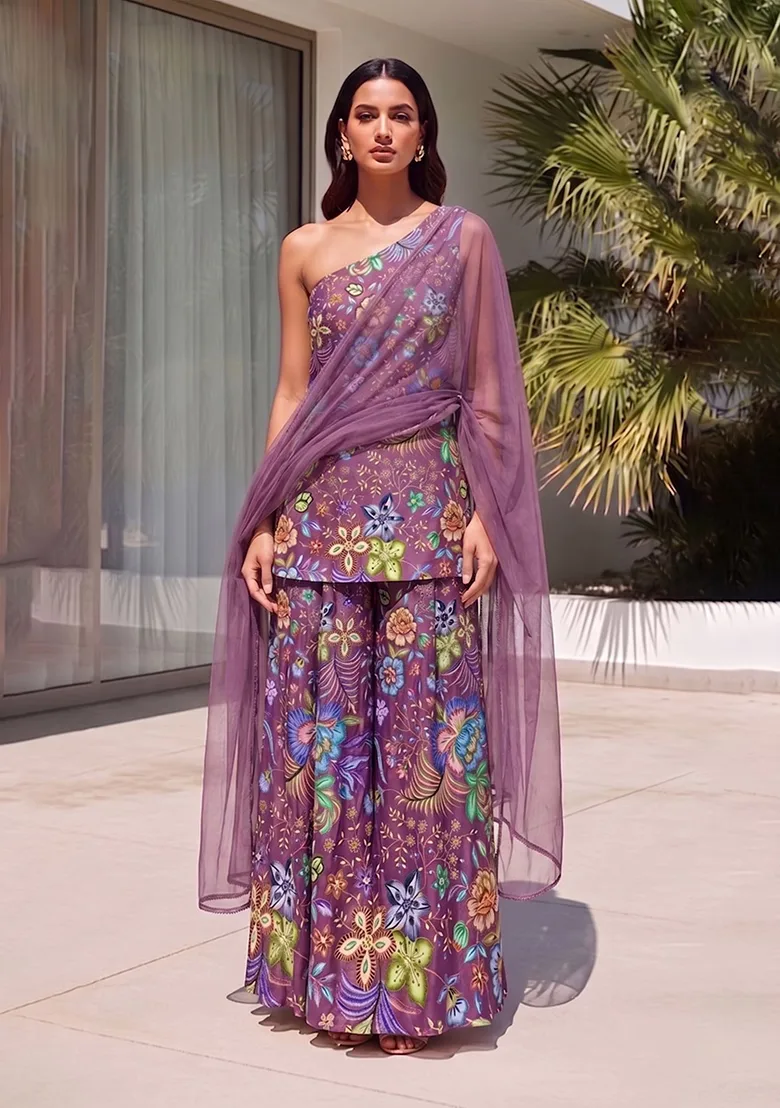 Purple Printed Chinon Fusion Set