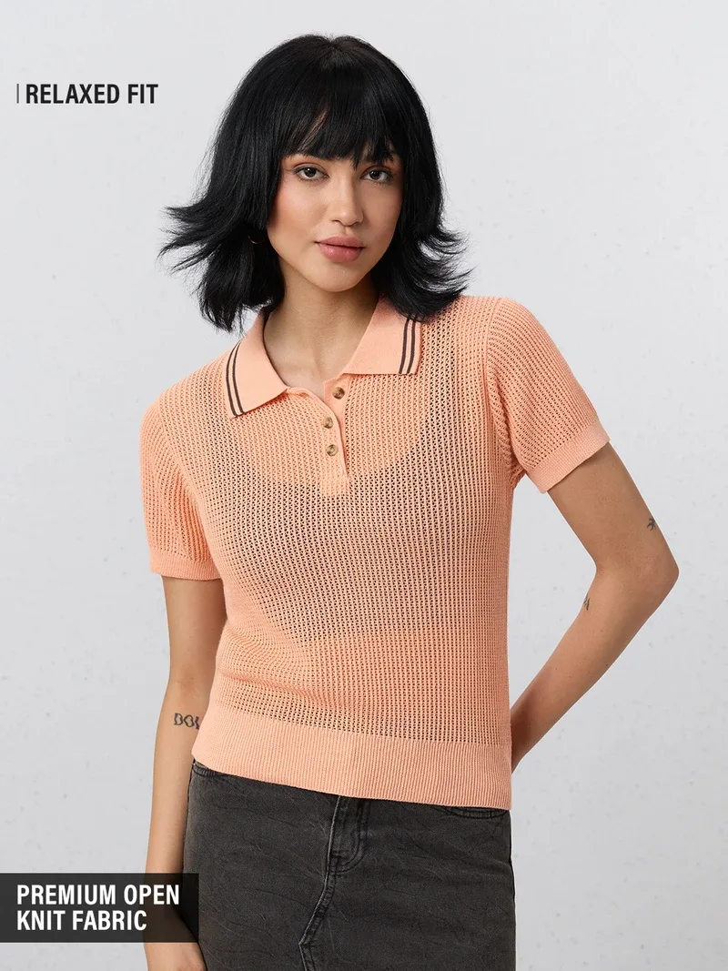 Open Knit Polo: Tangerine