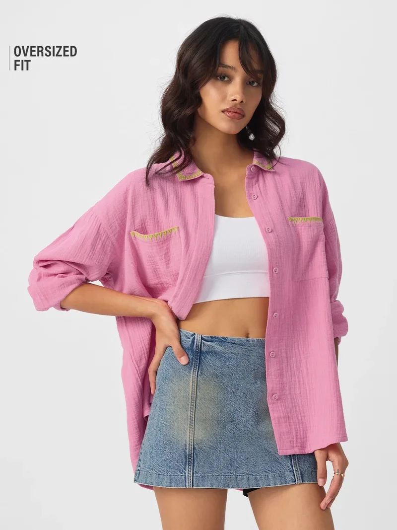 Flamingo Pink Women Oversized Shirt